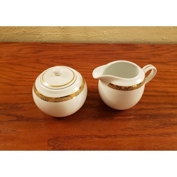 Vintage Gorham Sugar Bowl and Creamer Set Warwick Gold White Gold Trim With Lid - Picture 2 of 6